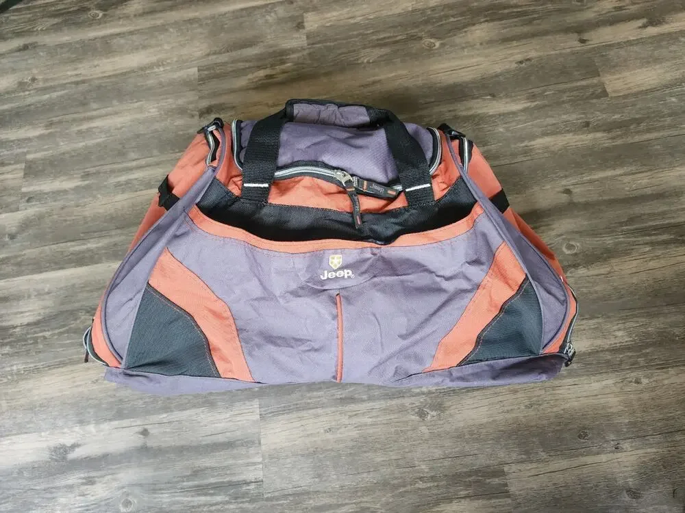 Large Jeep Duffle Travel Luggage Bag Rugged Orange, Black & Gray 20” X 9” X 12”